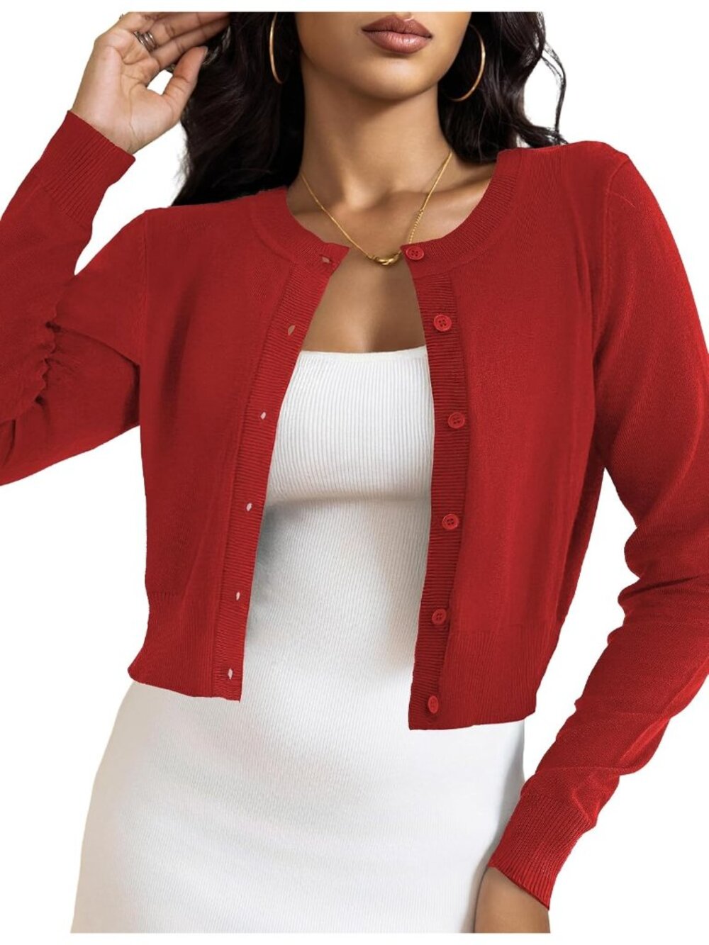 Women's Red Crew Neck Cropped Button Down Long Sleeve Cardigan Sweaters